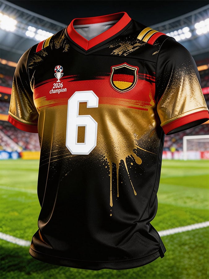 Men's Color-Block Football Jersey-Style T-Shirt — Germany Team Fan Edition with Printed Graphics and 10-Digit Number (Short Sleeve)