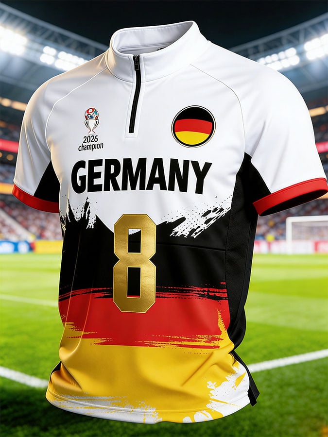Men's Germany National Team Fan Soccer Jersey — #8 Short-Sleeve T-Shirt with Color-Block Paneling, Semi-High Collar, and Half-Zip Front