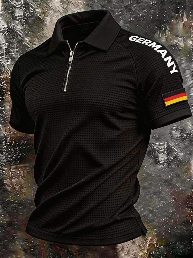 Men's Retro German World Cup Fan Short-Sleeve Polo Shirt — Waffle-Knit Fabric with Zip Collar