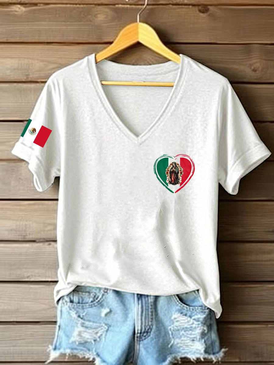 Women's Floral Virgin of Mexico Our Lady of Guadalupe Mexican Flag Short Sleeves T-shirt
