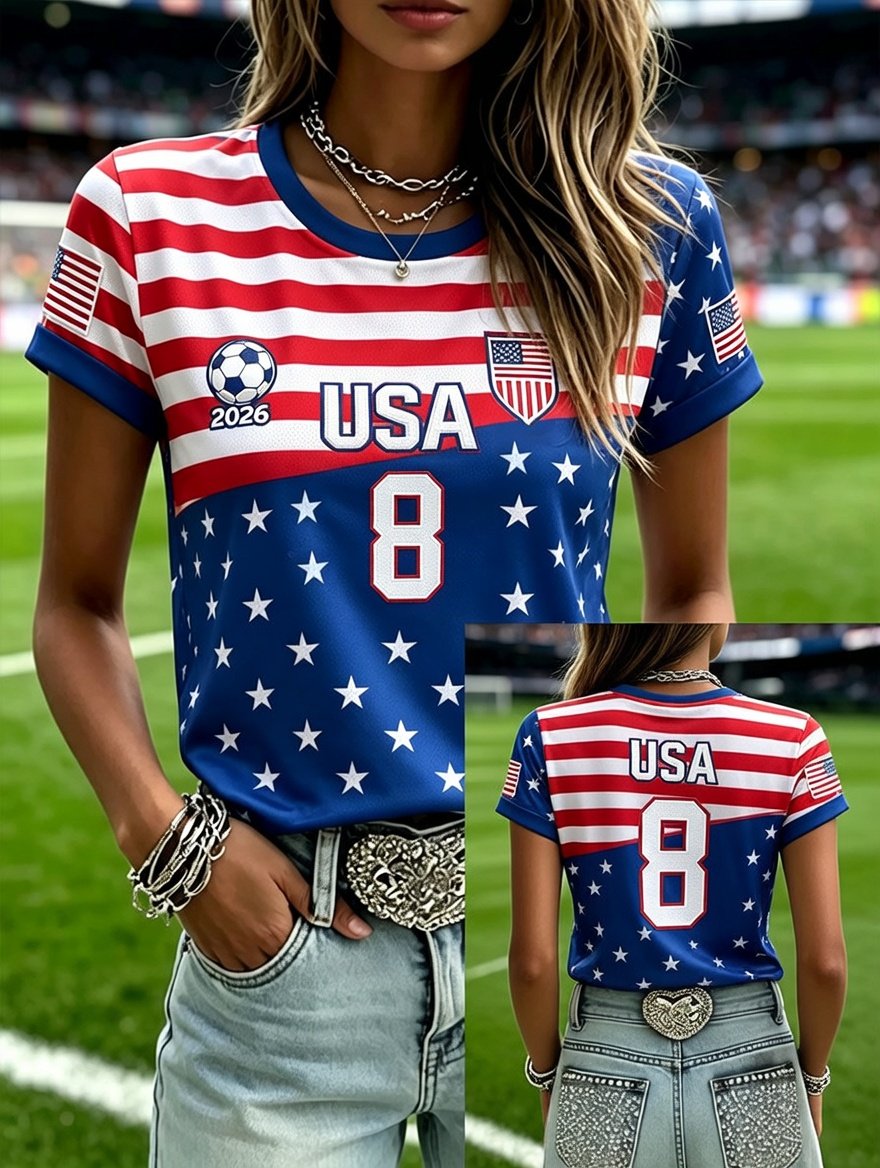 Women's Fashion US National Soccer Team Fan Round Neck Short-Sleeve T-Shirt