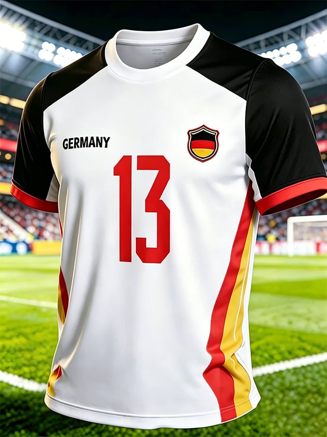 Herren-T-Shirt Im Casual-Stil Mit Rundhalsausschnitt, Kurzen äRmeln Und Deutschem FußBall-Print