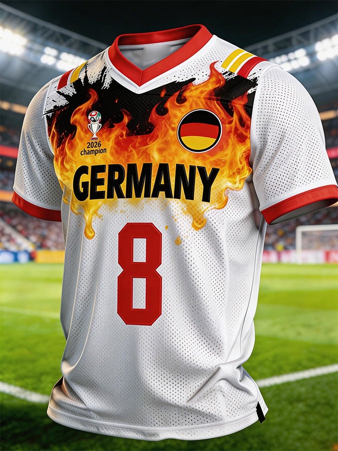 Men's Germany National Team Fan Soccer Jersey: Color-Block, Flame-Patterned, Short-Sleeve T-Shirt (No. 8)