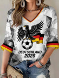 Women's German Football Lover Printed Mid-length Sleeves V-Neck T-Shirt