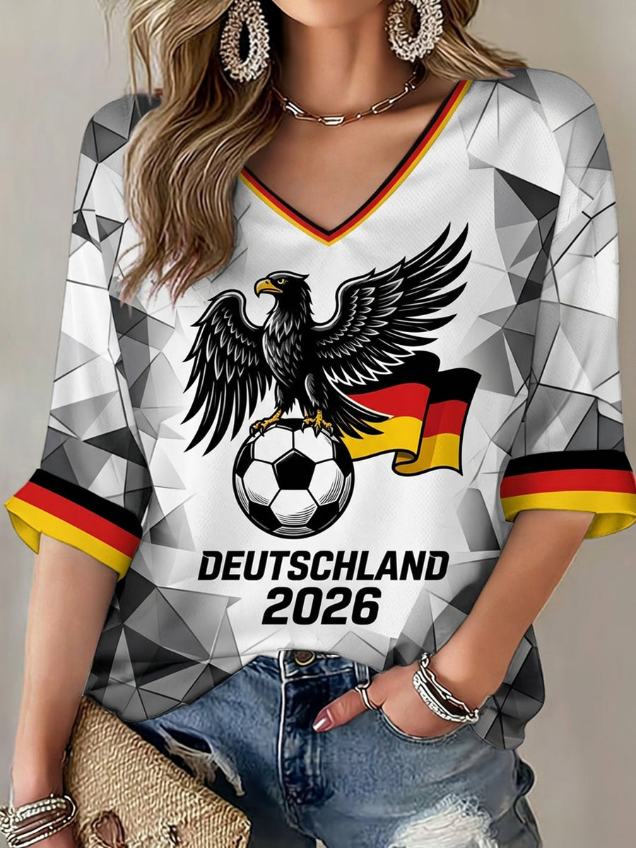 Women's German Football Lover Printed Mid-length Sleeves V-Neck T-Shirt