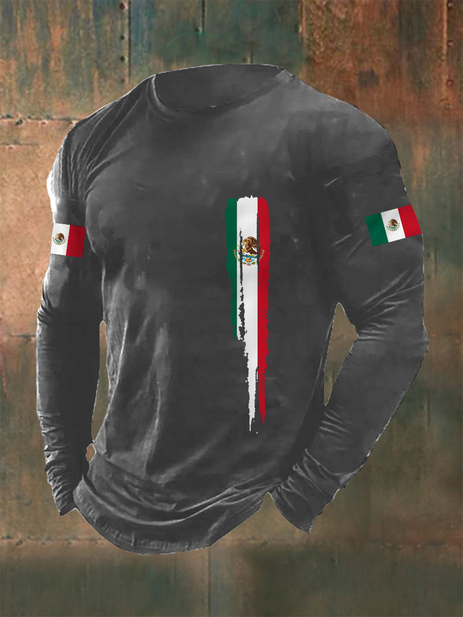 Men's Mexican Flag Print Casual Long-Sleeve T-Shirt