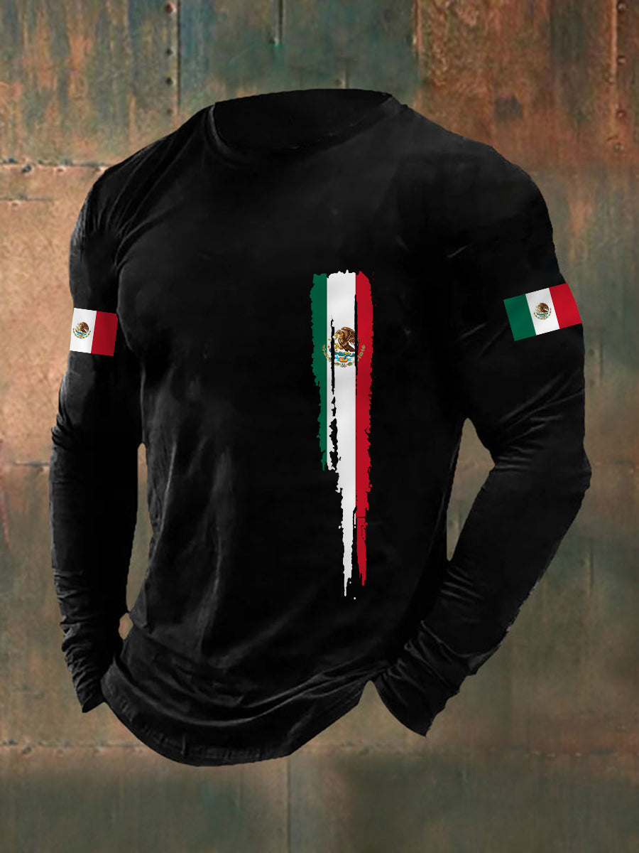 Men's Mexican Flag Print Casual Long-Sleeve T-Shirt