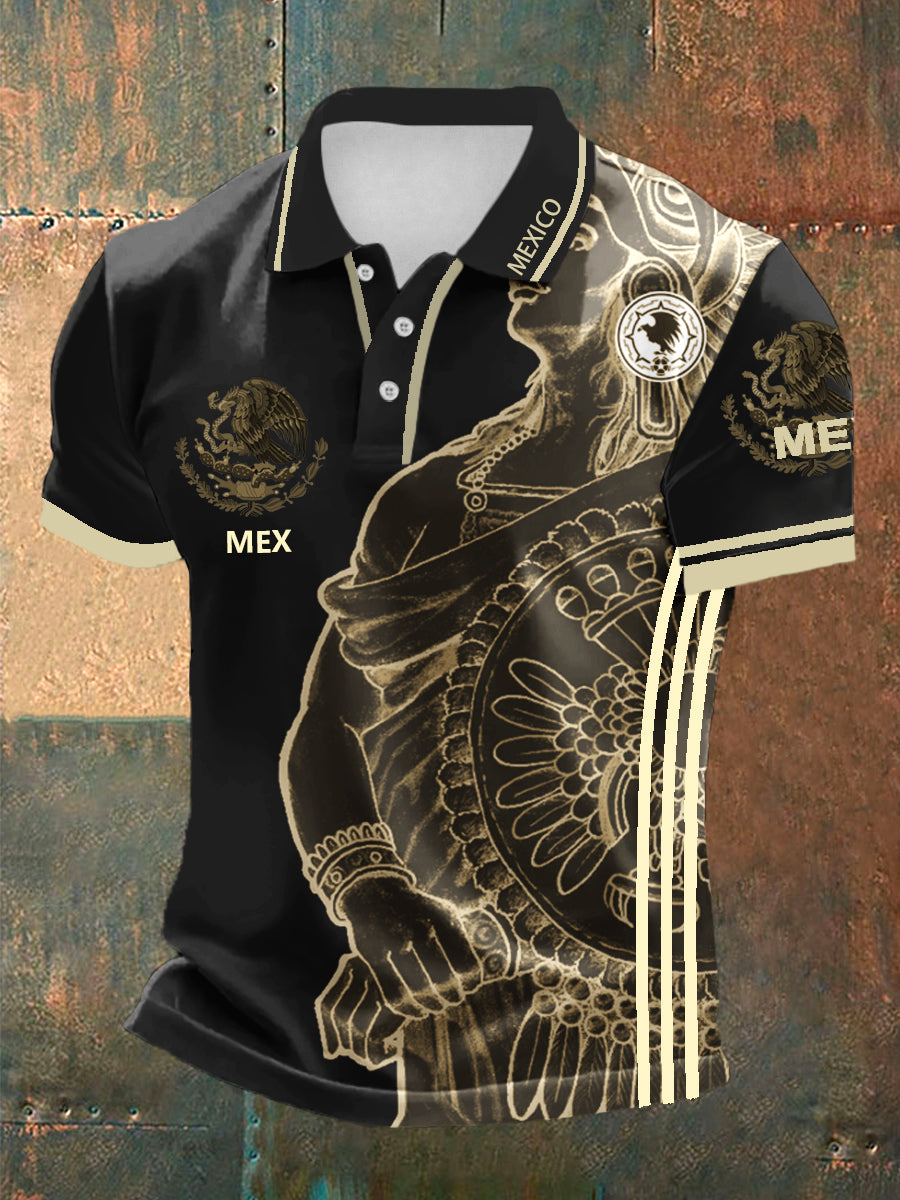 Men's Mexican Culture Aztec Design Short Sleeve POLO Sports Casual Shirt
