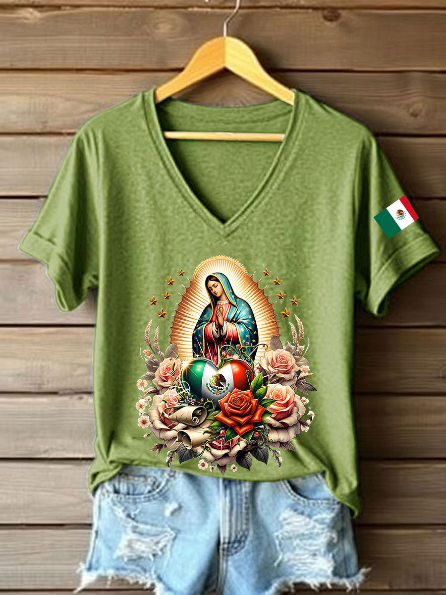 Women's Floral Virgin of Mexico Our Lady of Guadalupe Mexican Flag Short Sleeves T-shirt