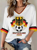 Women's German Football Lover Printed Mid-length Sleeves V-Neck T-Shirt