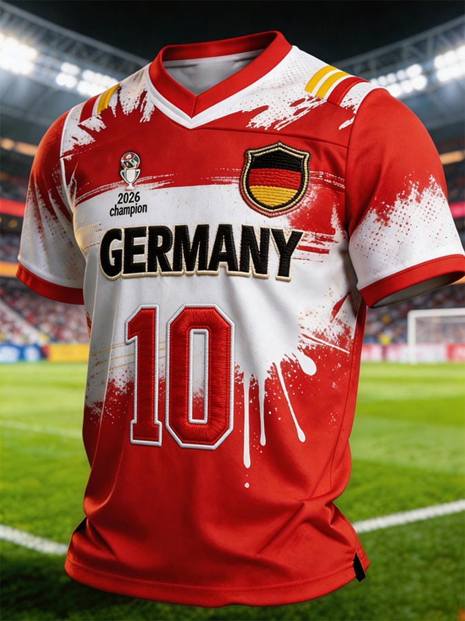 Men's Color-Block Football Jersey-Style T-Shirt — Germany Team Fan Edition with Printed Graphics and 10-Digit Number (Short Sleeve)