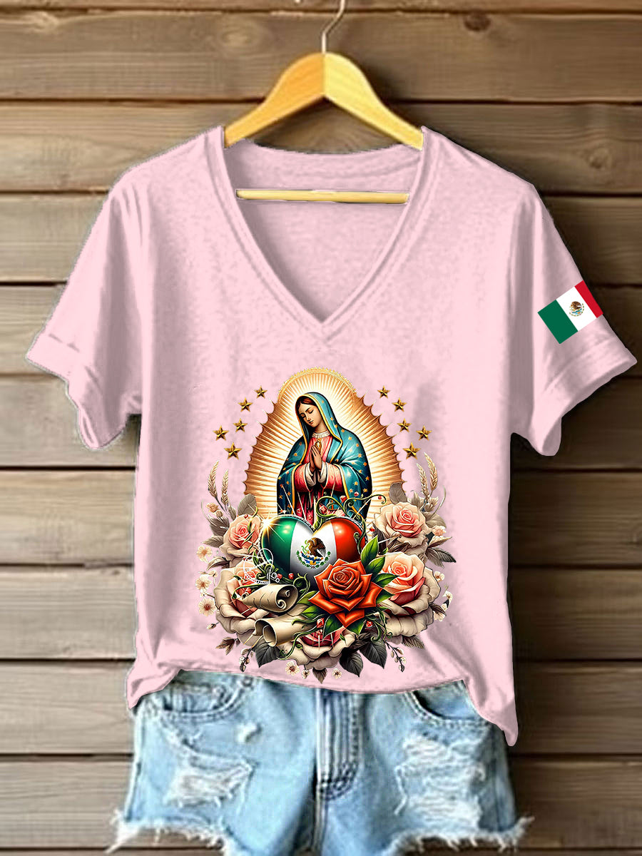 Women's Floral Virgin of Mexico Our Lady of Guadalupe Mexican Flag Short Sleeves T-shirt