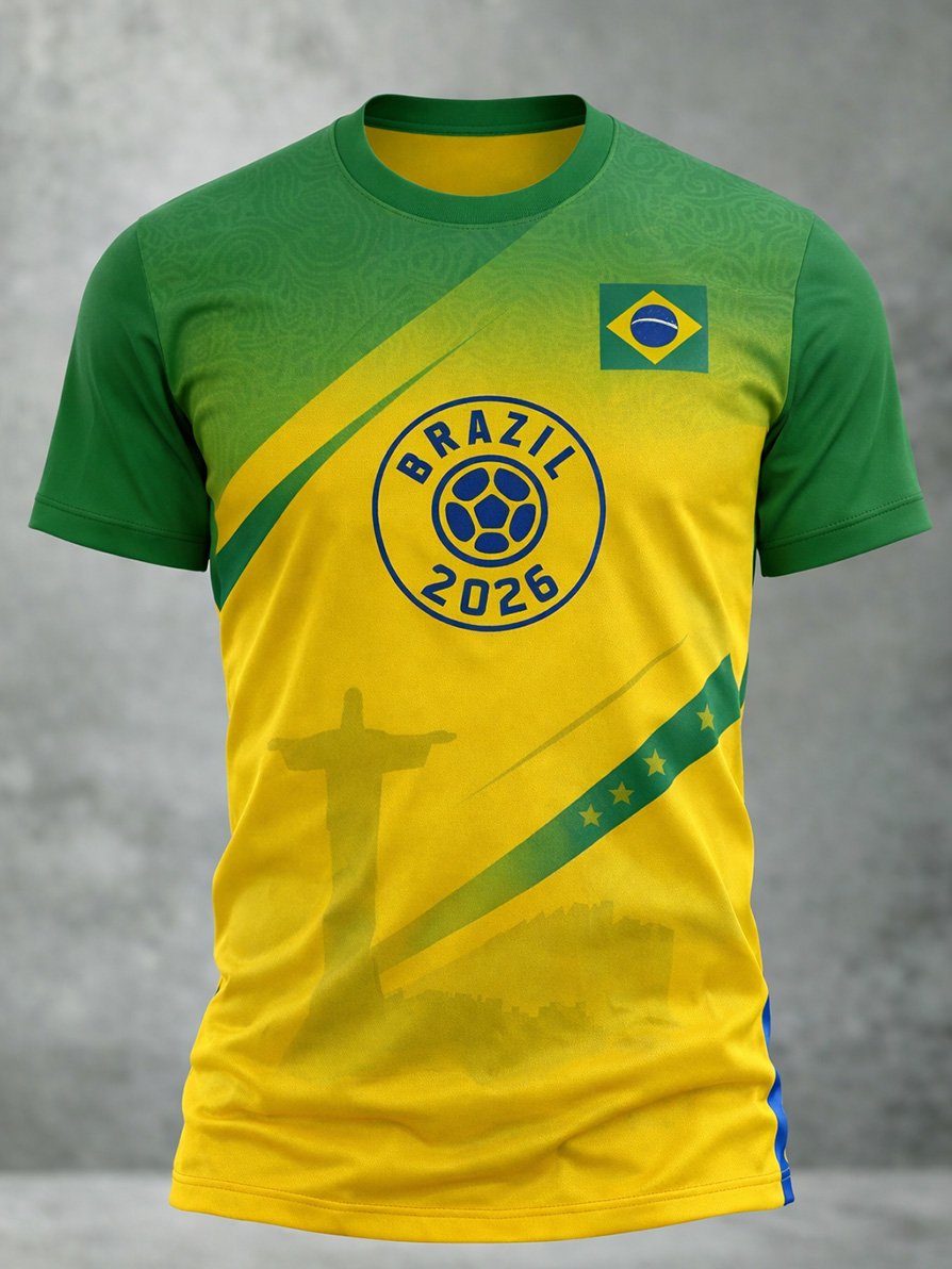 Men's Fashion Brazil Football Team Fan Print Crew Neck T-Shirt