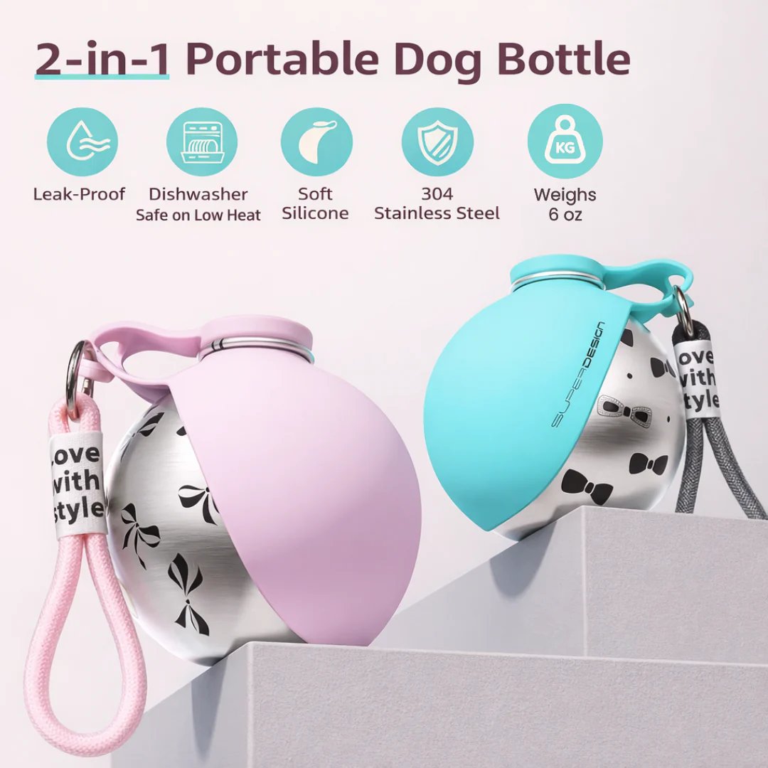 💪 SELLING FAST! 49% OFF 🐾 2-in-1 Stainless Steel Portable Dog Water Bottle & Bowl
