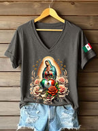 Women's Floral Virgin of Mexico Our Lady of Guadalupe Mexican Flag Short Sleeves T-shirt