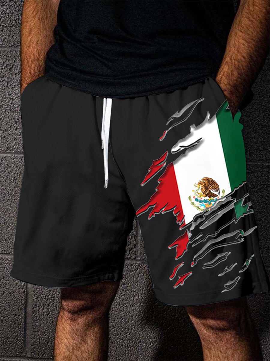 Men's Mexican Flag Print Casual Shorts