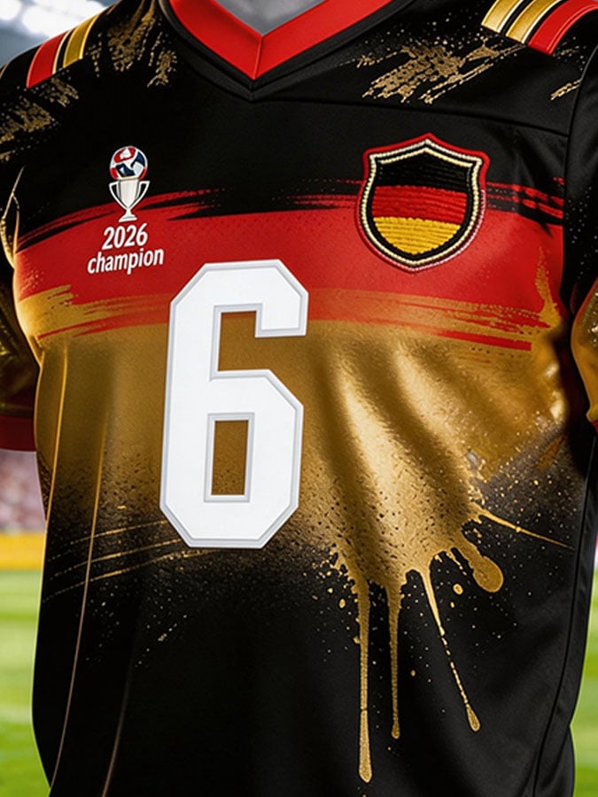 Men's Color-Block Football Jersey-Style T-Shirt — Germany Team Fan Edition with Printed Graphics and 10-Digit Number (Short Sleeve)