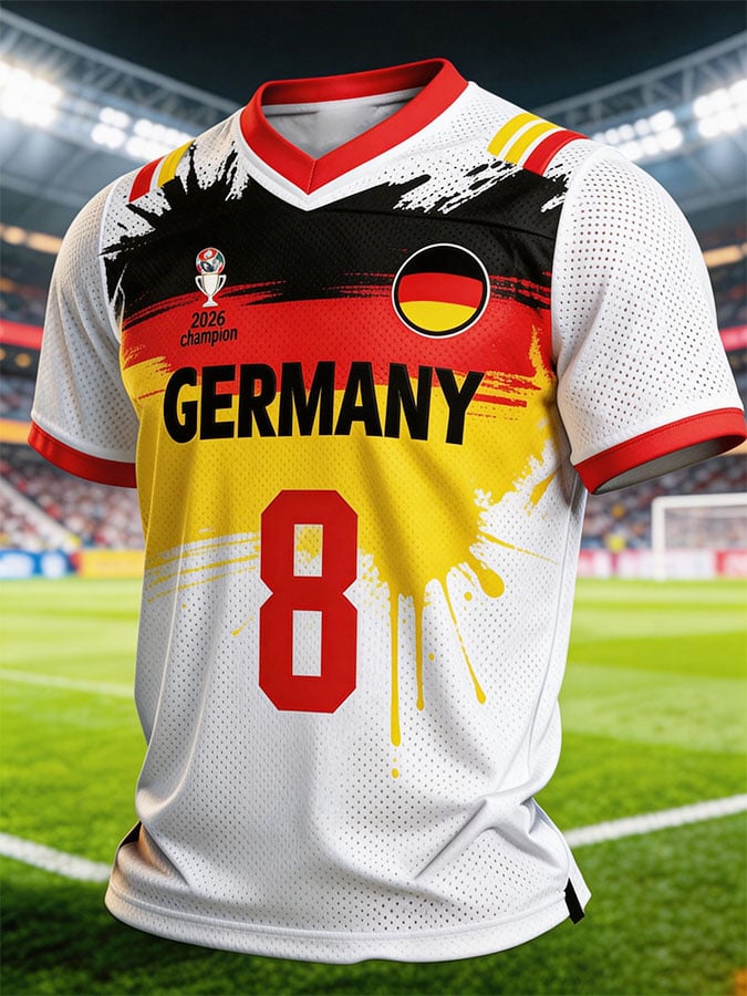 Men's Germany National Team Fan T-Shirt: Color-Block Spliced Short-Sleeve Top with "8" Jersey Number