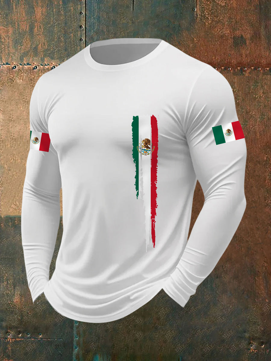 Men's Mexican Flag Print Casual Long-Sleeve T-Shirt