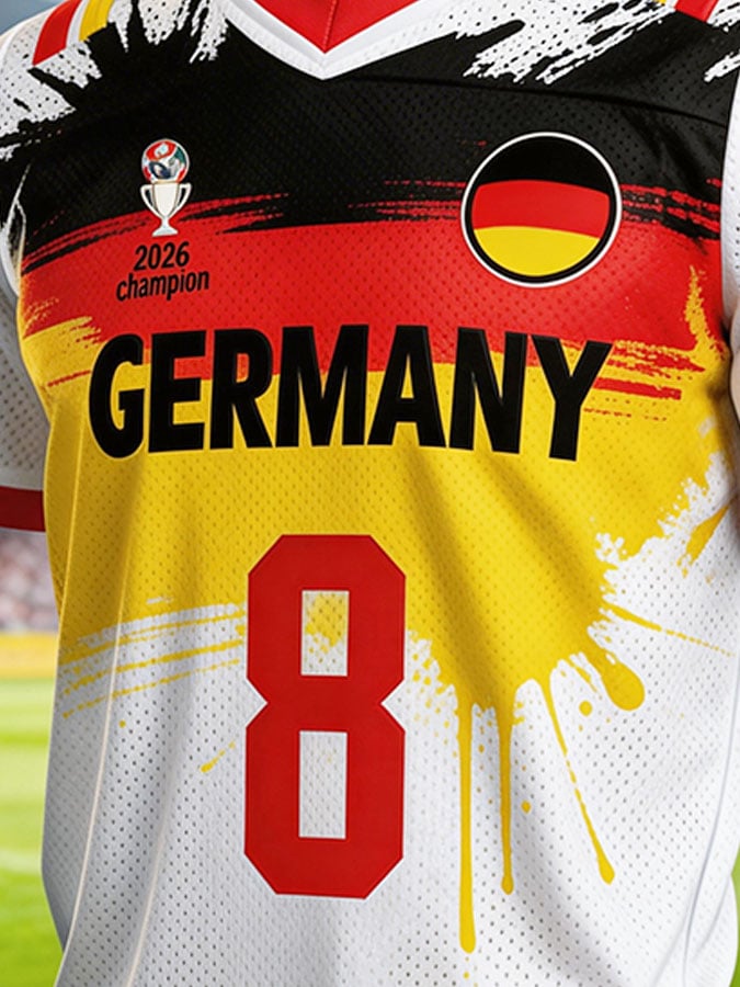 Men's Germany National Team Fan T-Shirt: Color-Block Spliced Short-Sleeve Top with "8" Jersey Number