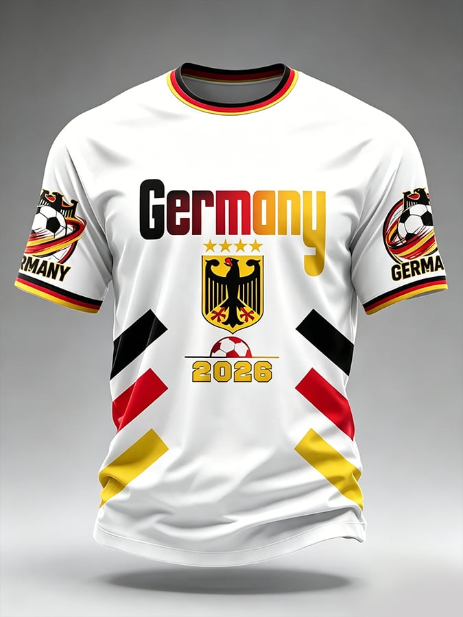 Herren-T-Shirt Im Casual-Stil Mit Rundhalsausschnitt, Kurzen äRmeln Und Deutschem FußBall-Print