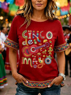 Women's Cinco De Mayo Print Casual Ruffle Sleeve Tee