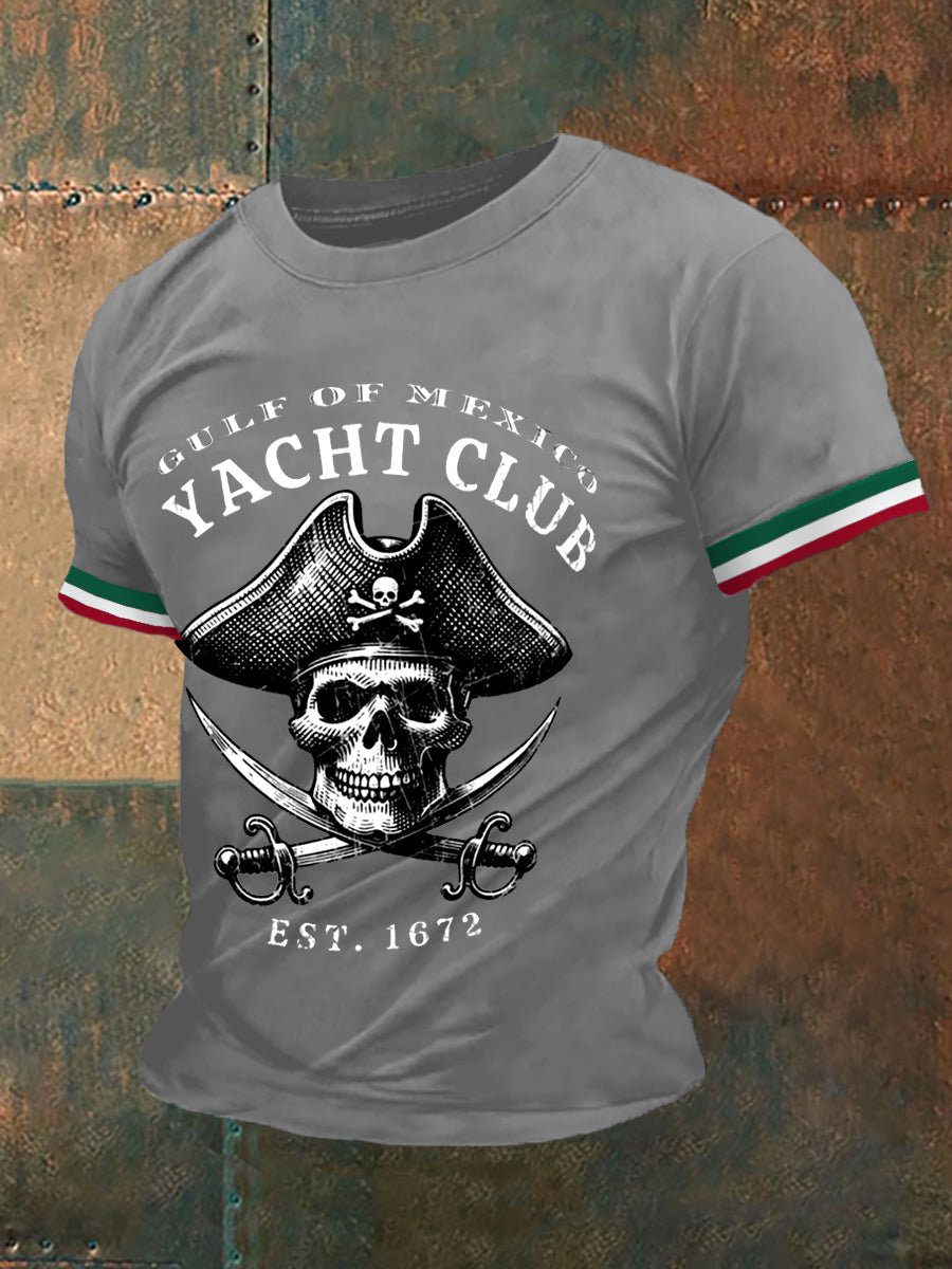Men's Retro Pirate Historical Gulf Of Mexico Yacht Club Print Casual Tee