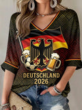 Women's German Football Lover Printed Mid-length Sleeves V-Neck T-Shirt