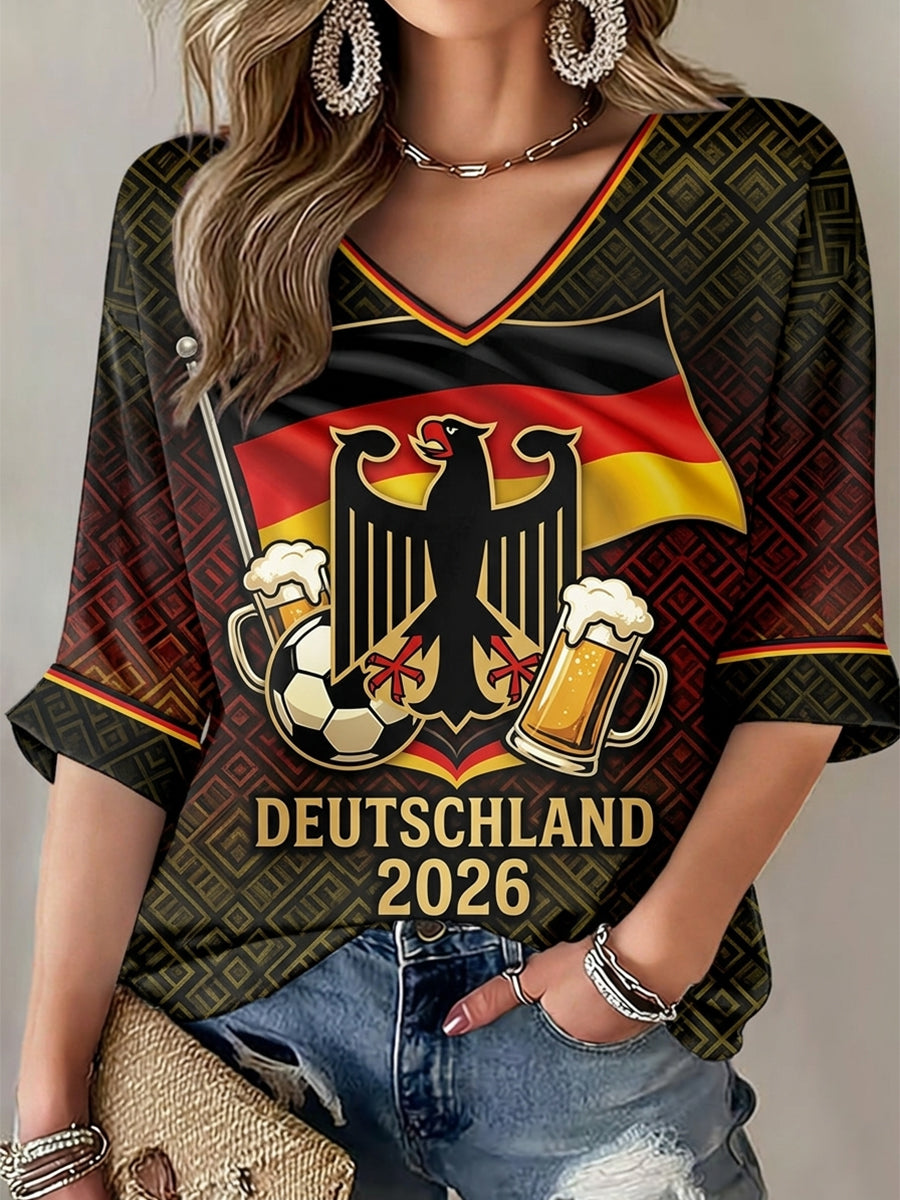 Women's German Football Lover Printed Mid-length Sleeves V-Neck T-Shirt