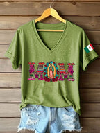 Women's Floral Virgin of Mexico Our Lady of Guadalupe Mexican Flag Short Sleeves T-shirt