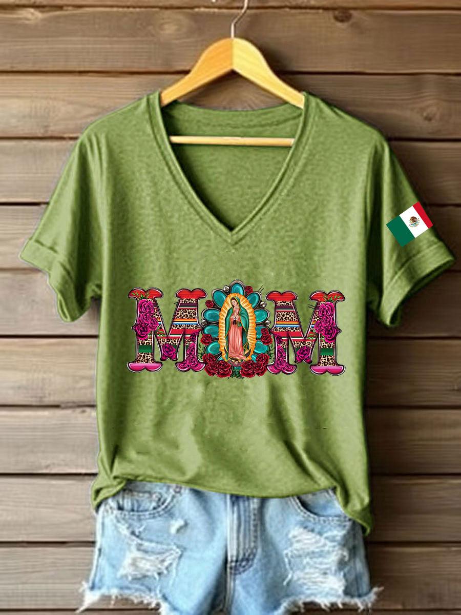 Women's Floral Virgin of Mexico Our Lady of Guadalupe Mexican Flag Short Sleeves T-shirt