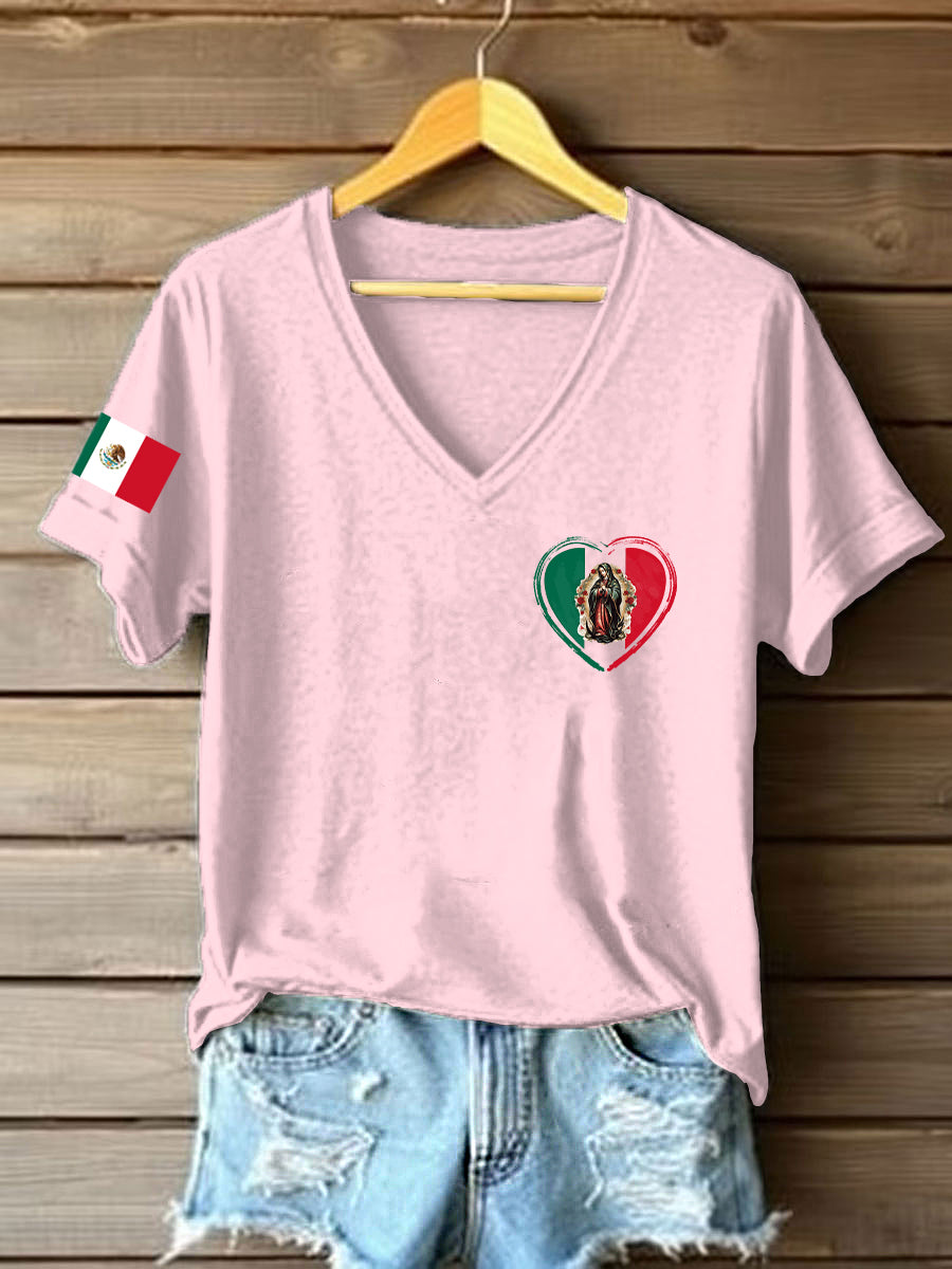 Women's Floral Virgin of Mexico Our Lady of Guadalupe Mexican Flag Short Sleeves T-shirt