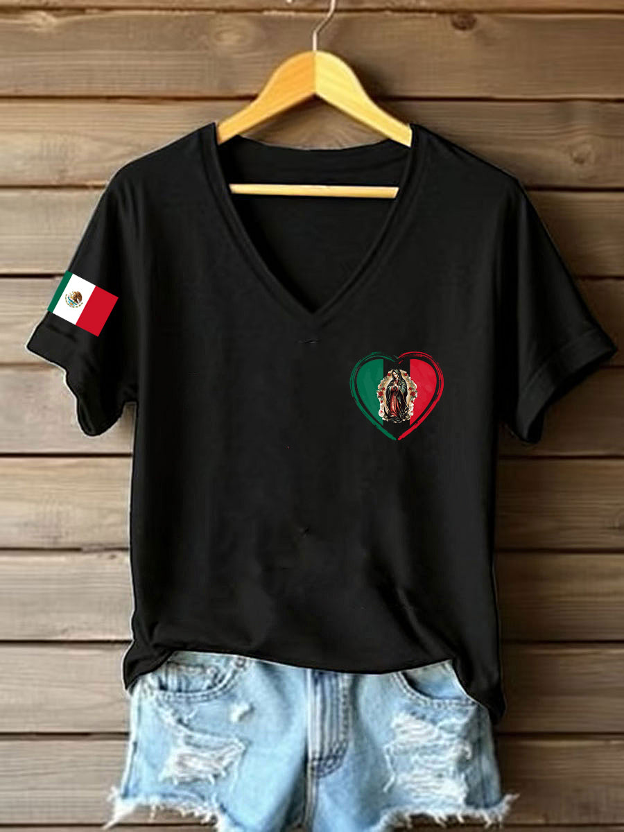 Women's Floral Virgin of Mexico Our Lady of Guadalupe Mexican Flag Short Sleeves T-shirt