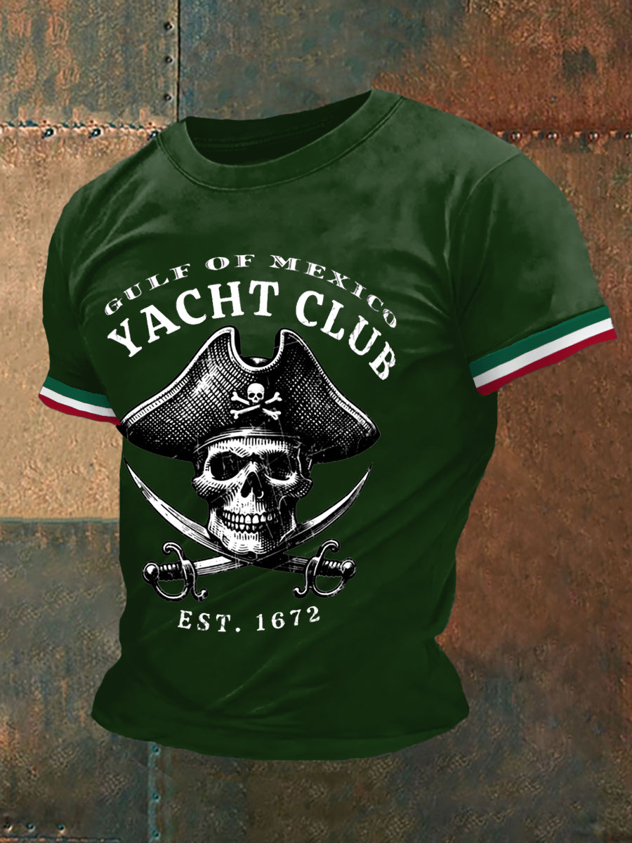 Men's Retro Pirate Historical Gulf Of Mexico Yacht Club Print Casual Tee