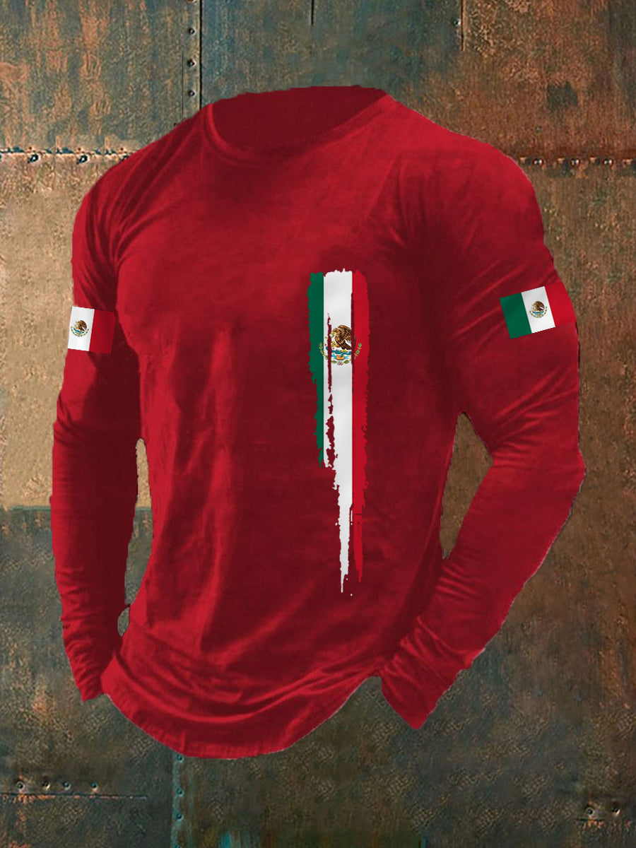 Men's Mexican Flag Print Casual Long-Sleeve T-Shirt
