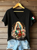 Women's Floral Virgin of Mexico Our Lady of Guadalupe Mexican Flag Short Sleeves T-shirt