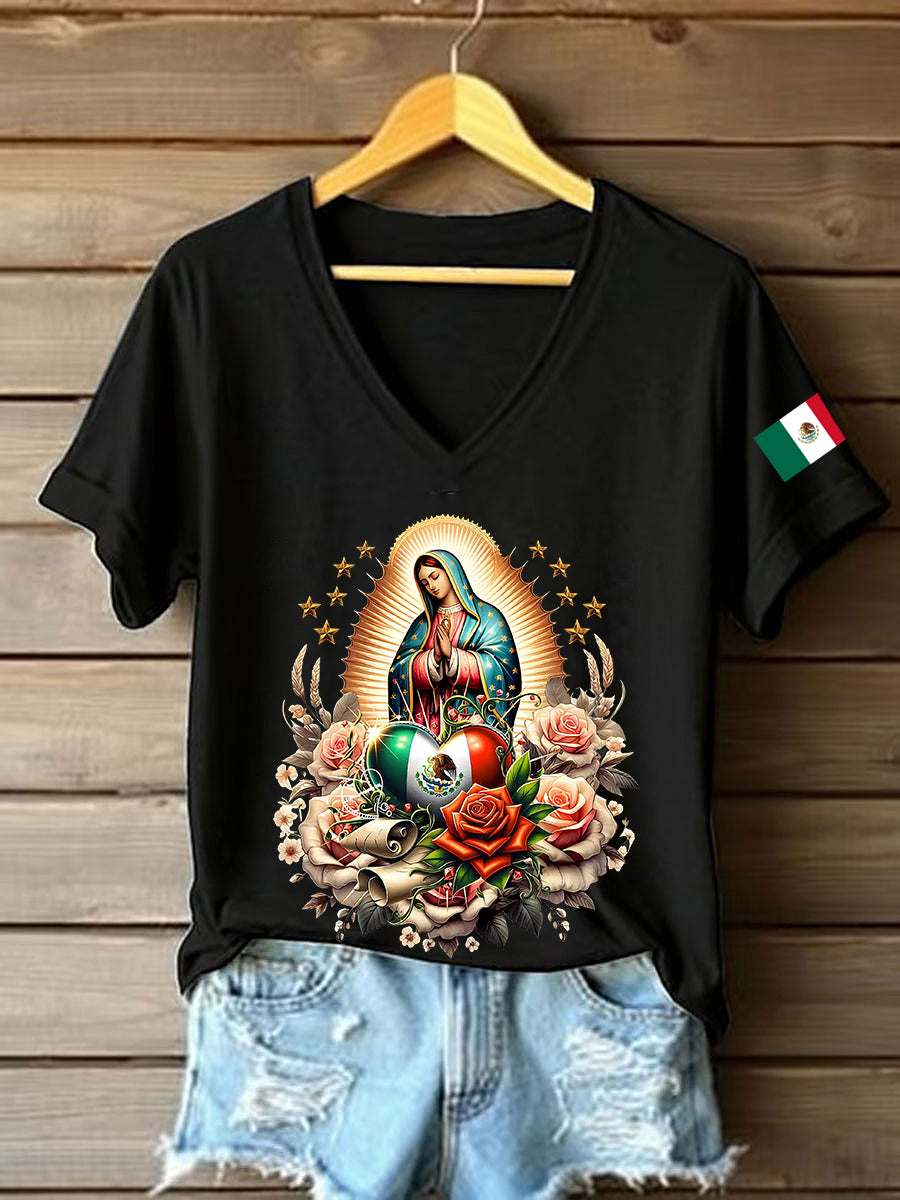 Women's Floral Virgin of Mexico Our Lady of Guadalupe Mexican Flag Short Sleeves T-shirt