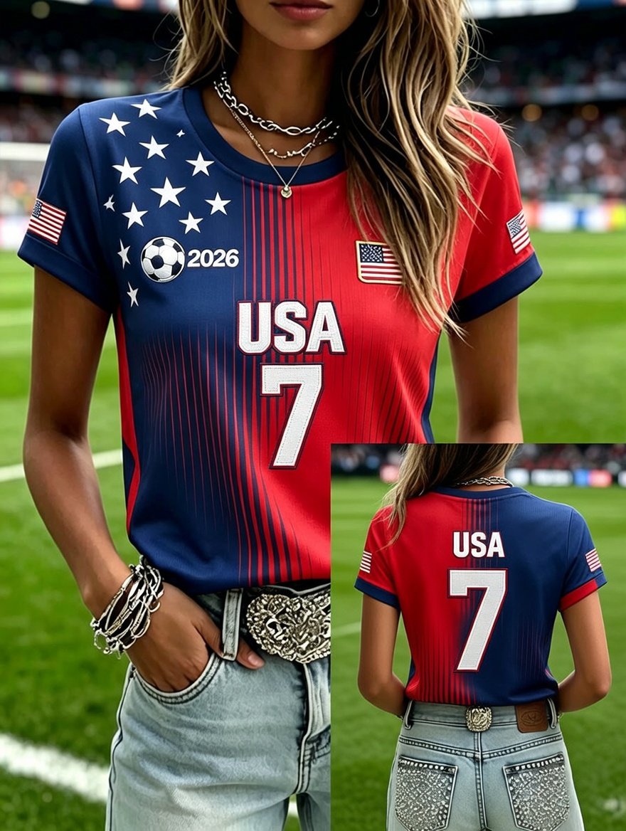 Women's Fashion US National Soccer Team Fan Round Neck Short-Sleeve T-Shirt
