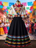 Women's Mexican Ethnic Floral Print Flared-Sleeve Dress