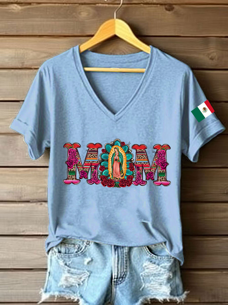 Women's Floral Virgin of Mexico Our Lady of Guadalupe Mexican Flag Short Sleeves T-shirt