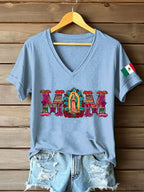 Women's Floral Virgin of Mexico Our Lady of Guadalupe Mexican Flag Short Sleeves T-shirt