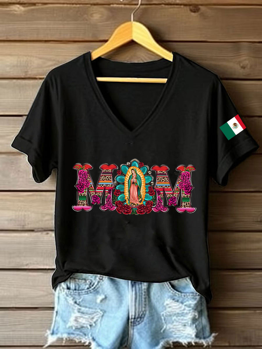 Women's Floral Virgin of Mexico Our Lady of Guadalupe Mexican Flag Short Sleeves T-shirt