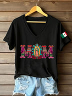 Women's Floral Virgin of Mexico Our Lady of Guadalupe Mexican Flag Short Sleeves T-shirt