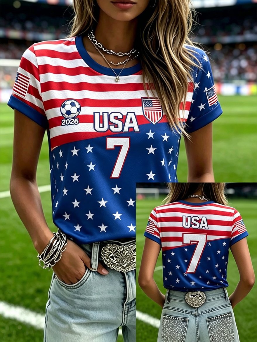 Women's Fashion US National Soccer Team Fan Round Neck Short-Sleeve T-Shirt