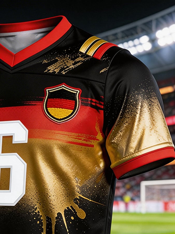 Men's Color-Block Football Jersey-Style T-Shirt — Germany Team Fan Edition with Printed Graphics and 10-Digit Number (Short Sleeve)