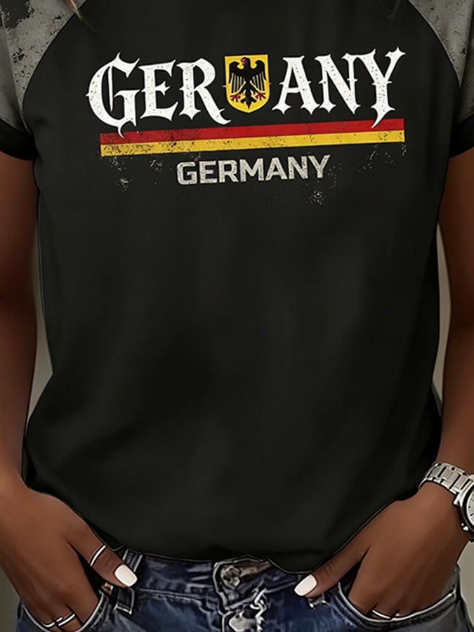 Women's Casual Retro Distressed Germany National Team Football Fan T-Shirt – Short Sleeve with Contrast Trim