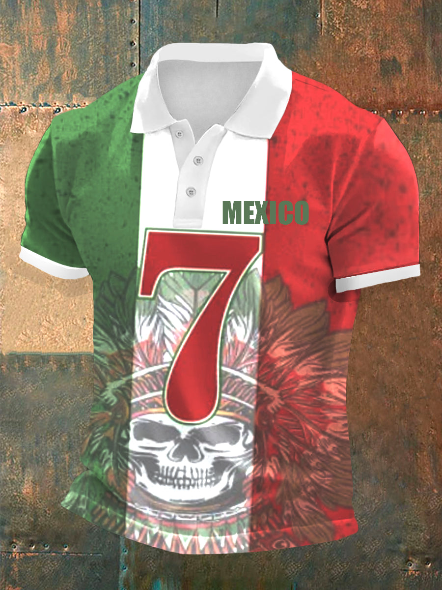 Men's Mexican Culture Aztec Design Short Sleeve POLO Sports Casual Shirt