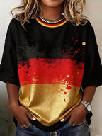 Women's Casual Retro Distressed Germany National Team Football Fan T-Shirt – Short Sleeve with Contrast Trim