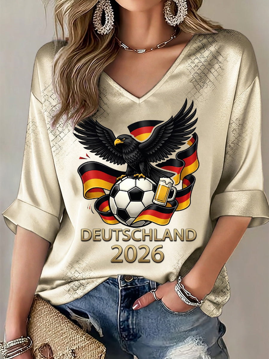 Women's German Football Lover Printed Mid-length Sleeves V-Neck T-Shirt