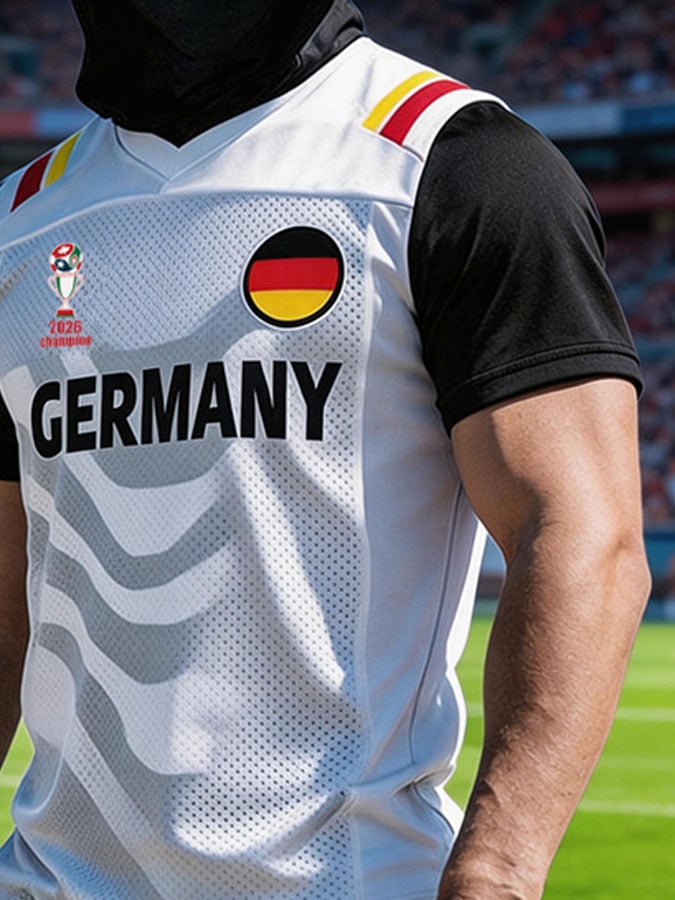 Men's Color-Block Spliced Short-Sleeve T-Shirt with Breathable "Ice Silk" Sun-Protection Face Mask — Germany National Team Fan Soccer Jersey Style